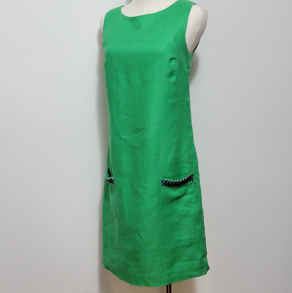 Joules Clothing Great Britian Size 4 Green Flax Dress Sleeveless Jewled Pockets